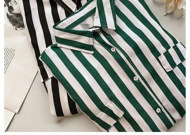 1pcs Woman Spring Autumn Stripe Shirts Lady Casual Long Sleeve Turn-down Collar Loose Shirt Female Chiffon Temperament Tops