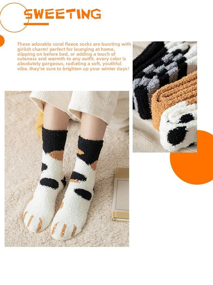 Women Socks Winter Warm Fluffy Socks Cute Animal Claw Cat Paw Footprint Fuzzy Socks Thicken Coral Fleece Home Floor Sleep Socks.
