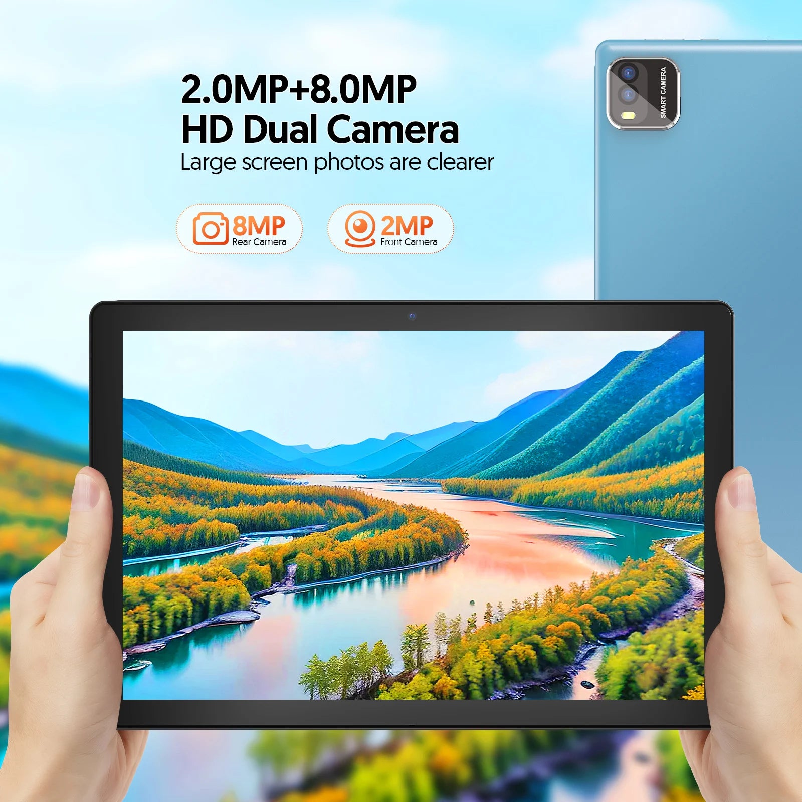 BAKEN 10-inch tablet with SIM card slot, Android 15, Wi-Fi, GPS, Bluetooth, 64GB storage, dual speakers, USB-C port.