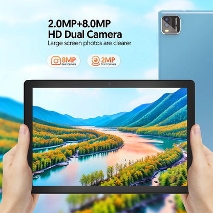 BAKEN 10-inch tablet with SIM card slot, Android 15, Wi-Fi, GPS, Bluetooth, 64GB storage, dual speakers, USB-C port.