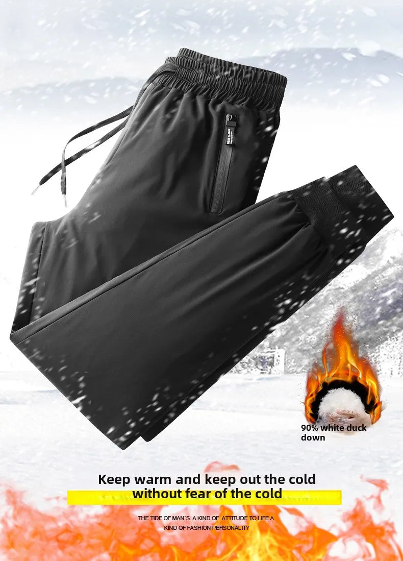 Winter Thick Warm and Windproof White Duck Velvet Legged Pants, New Down Pants for Outward Wearing, Cold Proof Sports Pants.