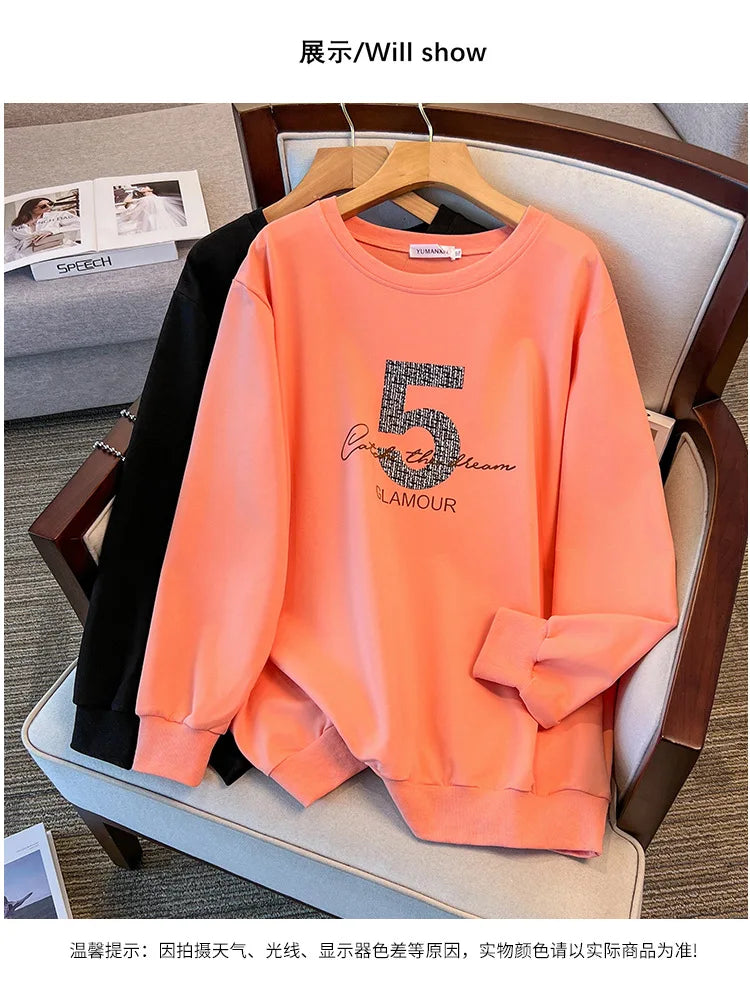 175kg plus size Damen büste Frühling Herbst loser Rundhals ausschnitt bedrucktes Langarm-Sweatshirt schwarz orange 5xl 6xl 7xl 8xl 9xl.