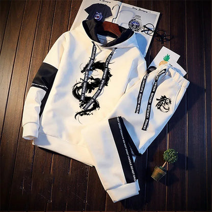 Trendy 2025 Chinese Dragon Print Hoodies Tracksuit for Men Winter Autumn Casual Jogging Outfit Athletic Sportswear Sweatpants.