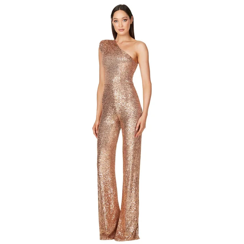 Women Elegant Long Jumpsuits Sexy Glitter Sequin Club Ladies Playsuits Slanted Collar Party Fashion Backless Solid Romper 2024.
