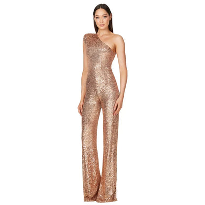 Women Elegant Long Jumpsuits Sexy Glitter Sequin Club Ladies Playsuits Slanted Collar Party Fashion Backless Solid Romper 2024.