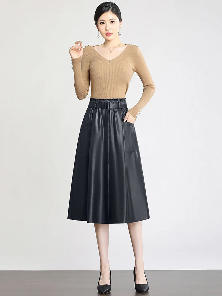 S-5XL New Women Plus Size Leather Skirt Spring Autumn Fashion Stretch Waist A-Line Loose Long Skirt Split Leather Sheepskin.