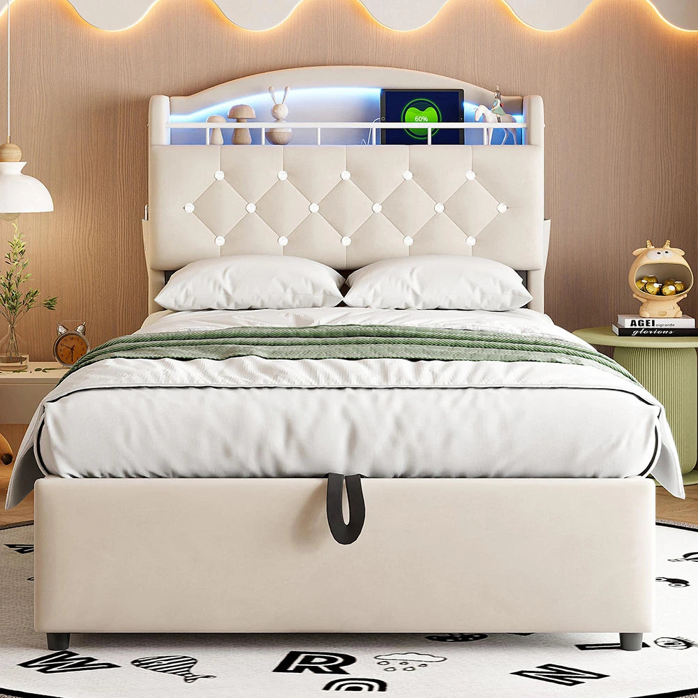 KOMHTOM Kinder Polsterbett 90x200 cm Samt Einzelbett, Multifunktionsbett mit Stauraum, LED und USB