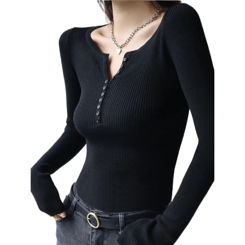 2026 weibliche Casual Tops Pullover Warme V-ausschnitt Frauen Herbst Winter Gestrickte Dünne Pullover Feste Taste Volle Hülse Pullover.