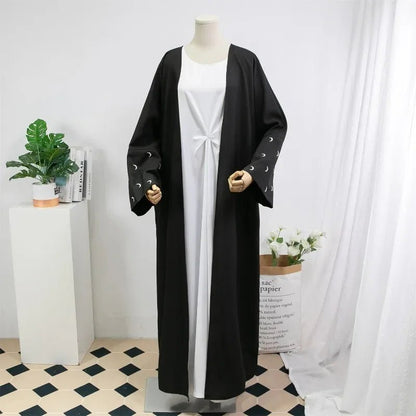 Muslimische Abayas lose Kaftan Frauen islamische Kleidung Mond Stickerei offene Front Abaya Langarm Maxi Länge Kleid Frauen Jilbabs.