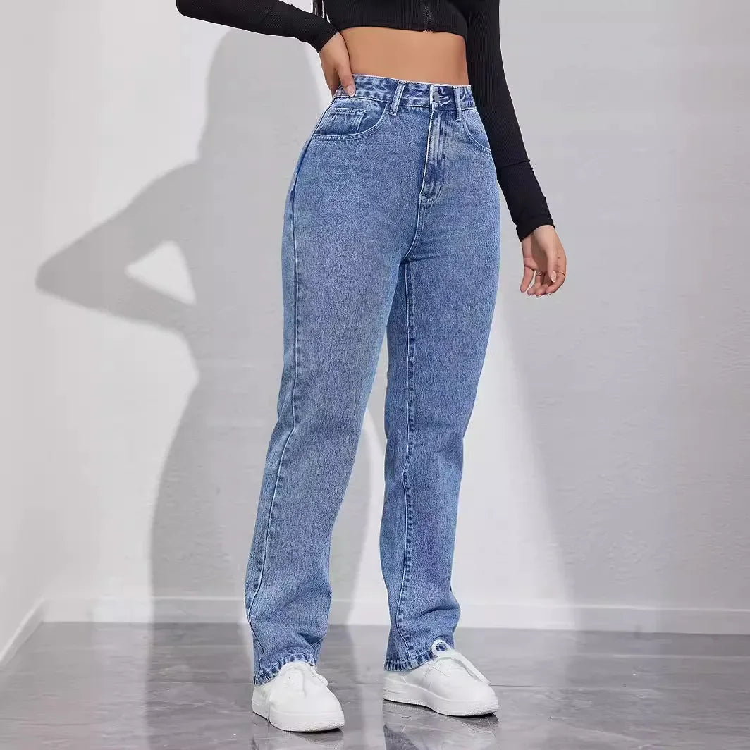 Women's High Waist Loose Comfortable Slimming Fashionable Straight Leg Casual Long Jeans Durable Quality from Mainland China.