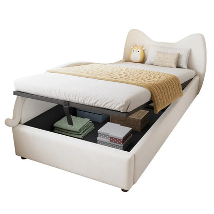 Polsterbett, Einzelbett, süßes Katzendesign, hydraulisches Bett mit Stauraum und Gürtelgriffen, stabiler Gitterrost, 90 x 200 cm