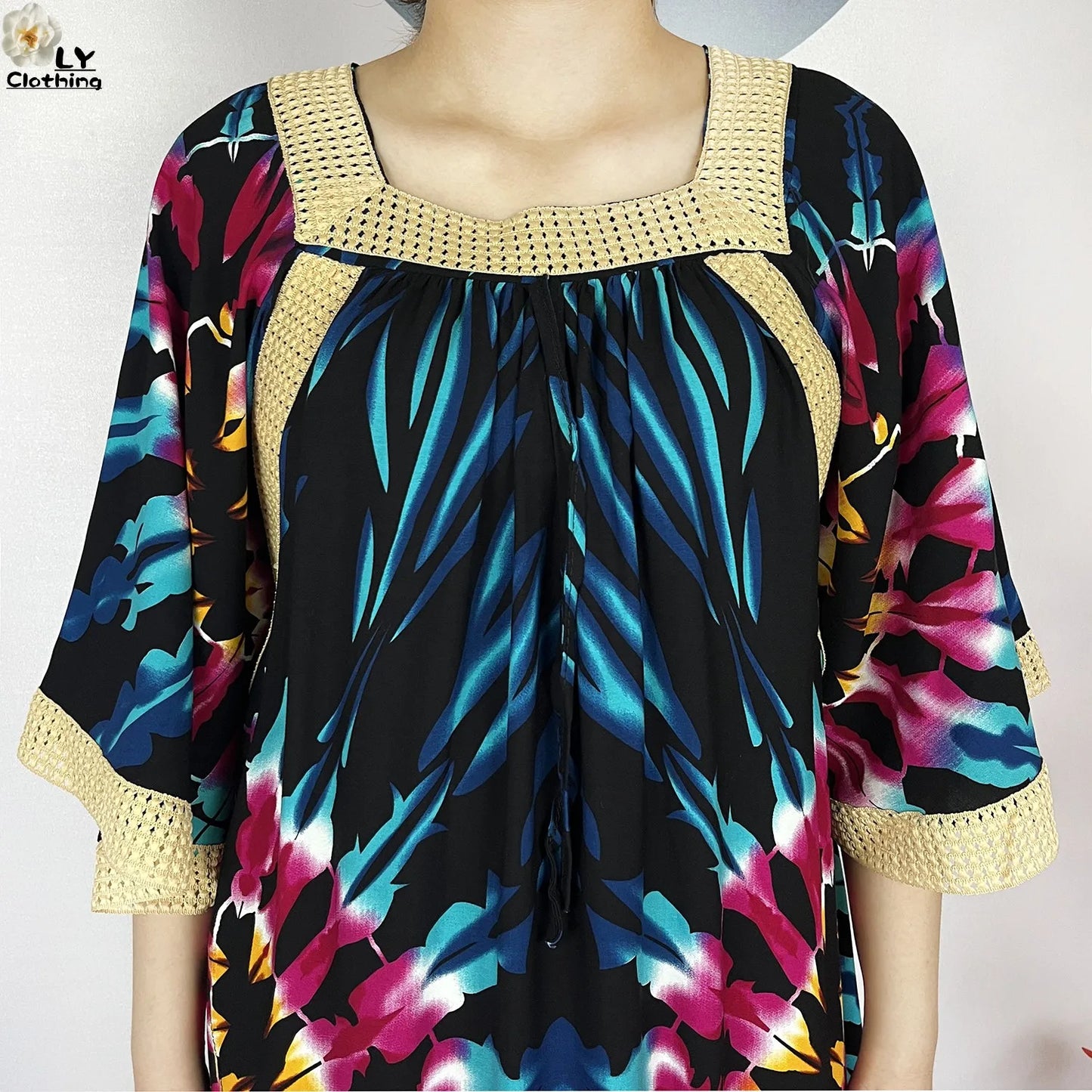 New Muslim Dress Woman Short Sleeve Dashiki African Abaya Tie-dyed Printing Cotton Loose Femme Robe Islamic Dresses With Scarf.