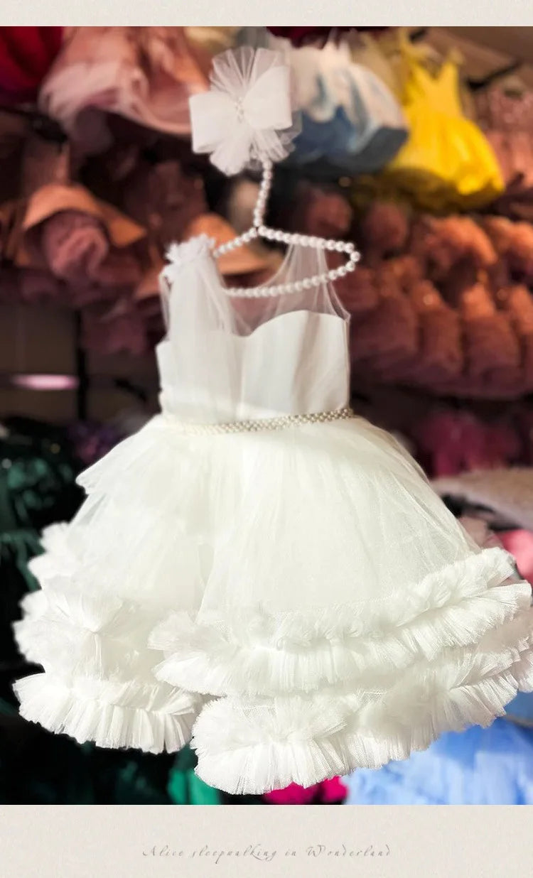 Formales Kleid für Kinder2025Neues weißes ärmelloses Prinzessinnenkleid im europäischen und amerikanischen Stil für Performance-Kostüme für kleine Mädchen