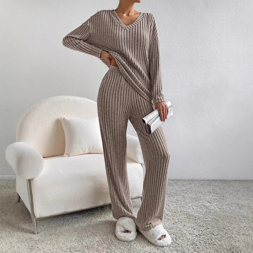 Autumn Winter Ribbed Knit Two Piece Set Womens V Neck Long Sleeve Top Wide Leg Pants Loungewear Casual Solid Color Outfit.