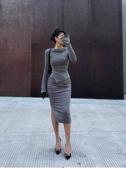 New Spicy Girl One Shoulder Trumpet Long Sleeve T-shirt Female Autumn Slim Sweet Fashion Korean Women Tees Sweet 2025 New 91NV