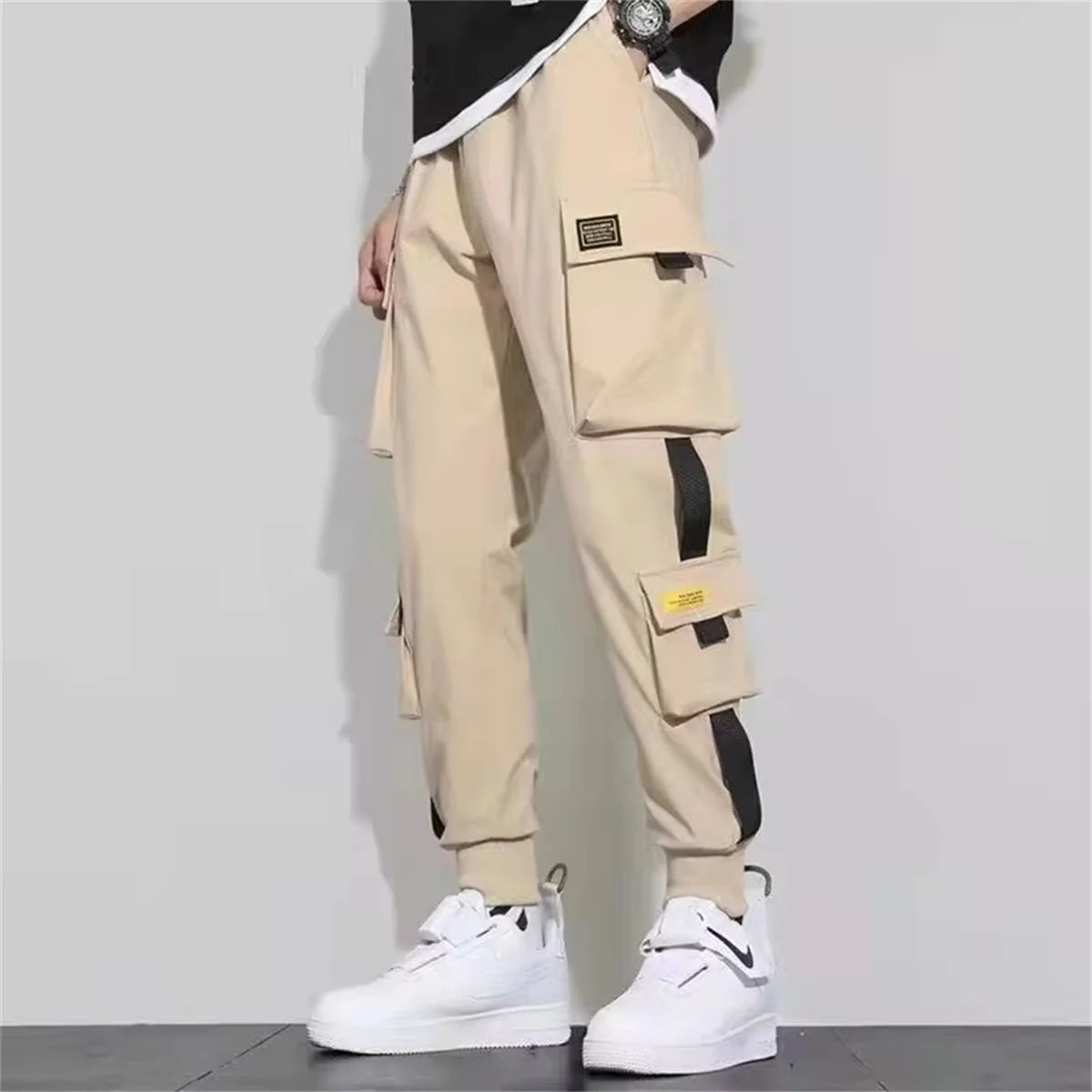 Men's Cargo Pants Casual Hip Hop Hit Color Multiple Pockets Trousers Streetwear Ribbons Techwear Sweatpants Boys.
