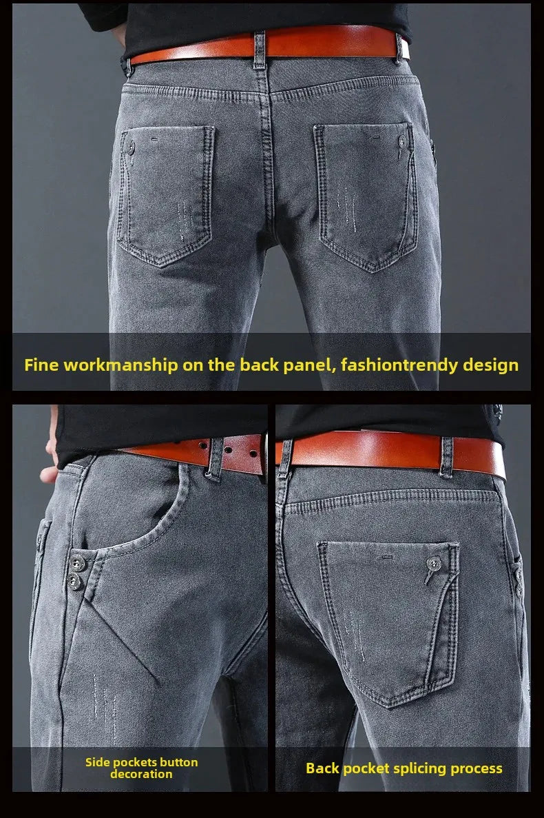 Winter Hot Sale Of The Season Trendy Stretchy Fleece Lined Thick Denim Mid Waist Fashionable Casual Warm Long Pants Men's Jeans.