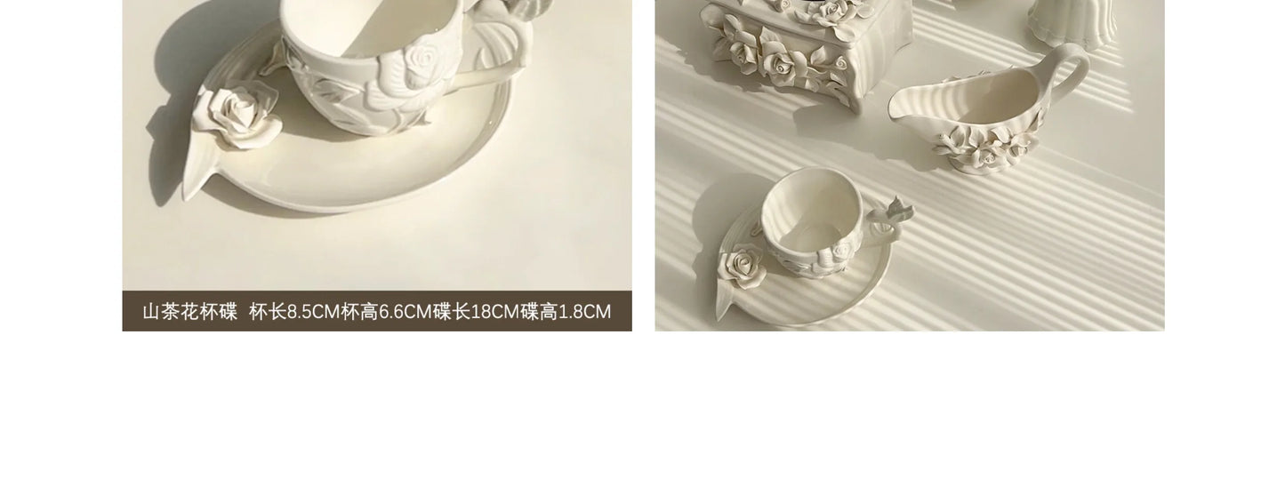 Vintage relief ceramic coffee set, hand-squeezed camellia afternoon tea set, tissue box, creative gift..