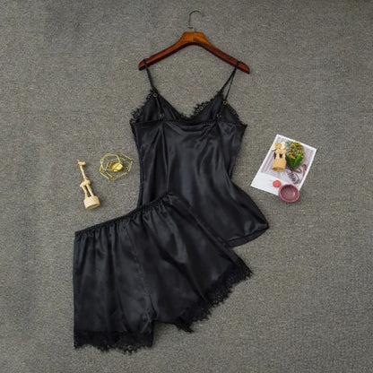 Frauen Pyjama Anzug Mode V-ausschnitt Stretch Satin Babydoll Spitze Sexy Dessous Bowknot Pyjamas Schlaf Shorts Set Nachtwäsche Neue.