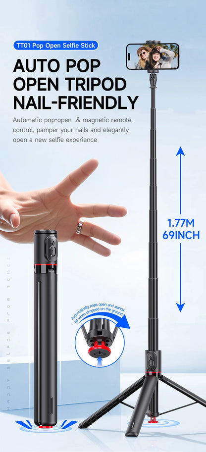 TT01 1770mm All-in-one Auto Pop Open Tripod Bluetooth Remote Tripod Bounce Selfie Stick Phone Holder for Vlog/Video.