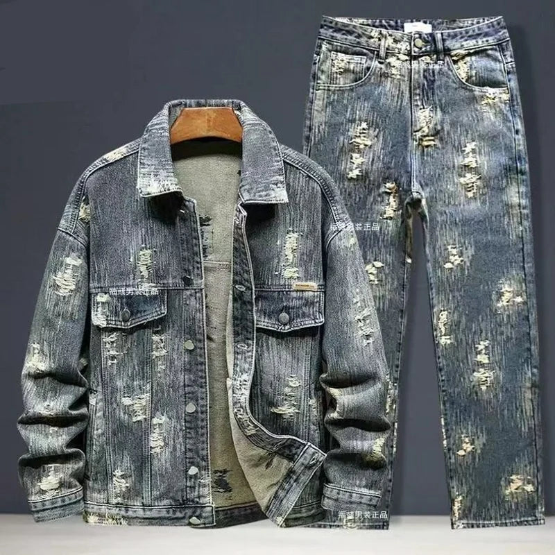 Spring Autumn New American Denim Coats Set Classic  retro Cowboy Jeans Trendy Two-Piece Sets Versatile Outerwear Casual Jacket.