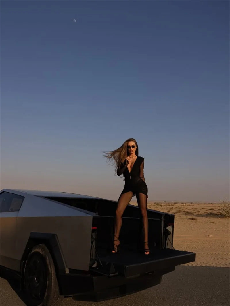 Mozision Deep V Neck Long Sleeve Sexy Jumpsuits Women Autumn Winter Patchwork See Through Ruched Club Party Jumpsuit Female