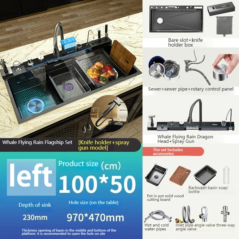 Various Waterfall kitchen Sink  Stainless Steel Multifunctional Large Single Slot Digital Display Sinks