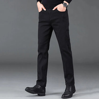 Men Business Denim Pants Male Classic Casual Straight Leg Slim Fit Trousers Elastic Solid Smoke Gray Pants