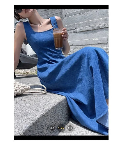 Blue Mist Love Französisches Jeanskleid für Damen, Sommer, einzigartiges Design, Taille, Cinching-Riemen, langes Kleid, elegante blaue Polyesterfaser