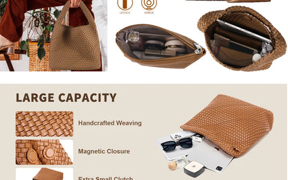 Woven Tote Bag for Women Large Woven Handbag Soft Leather Shoulder Bag Work Shopper Summer Beach Travel Tote Bag with Purse.