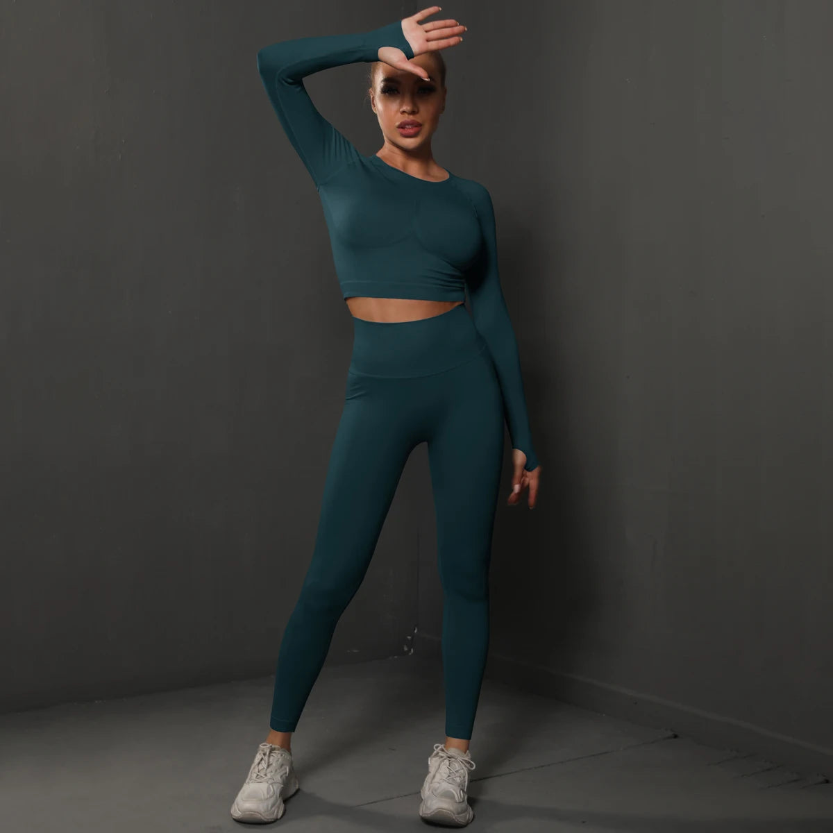 2Pcs Women Sets Energy Seamless Gym Suits Bubble Butt Sports Pants+Long Sleeve Shirts Push Up Running Sets Tracksuits Tights Set.