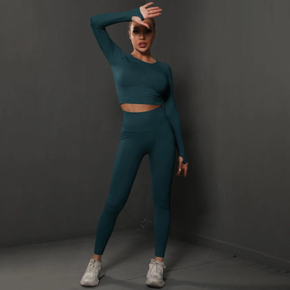 2Pcs Women Sets Energy Seamless Gym Suits Bubble Butt Sports Pants+Long Sleeve Shirts Push Up Running Sets Tracksuits Tights Set.