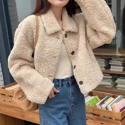 Frauen Herbst Winter Doppel Fleece Warme Verdicken Jacke drehen-unten Einreiher Kurze Oberbekleidung Lose Mode Lässig Mantel.