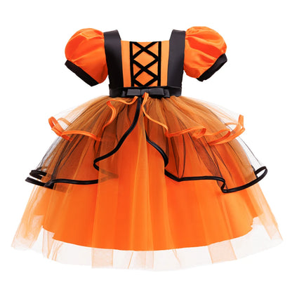 Orangefarbenes Halloween-Kinderkleid für 2–10 Jahre, Polyestermaterial, Puffärmel und mehrlagiger Tüllrock, süße Prinzessinnenkleidung.