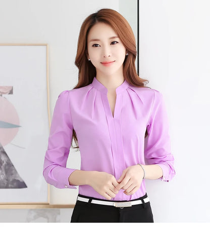 Chiffon Blouse Women Korean Fashion Women Clothing White Shirt  Long Sleeve Blouses V-neck Womens Tops Basic Shirts and Blouses