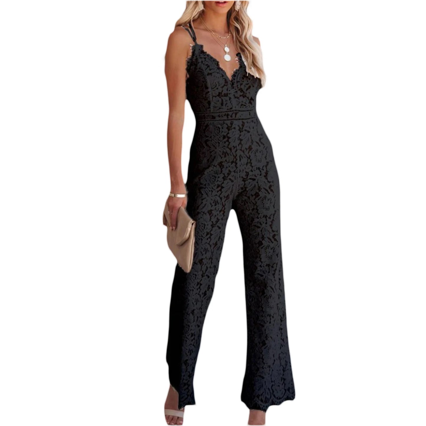 Women's Clothing Elegant Jumpsuit, Spaghetti Straps V Neck Solid Color Lace Open Back Wide-leg Jumpsuits Long Playsuit.