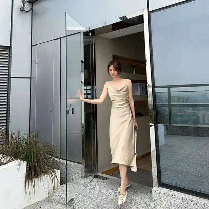 Chiffon-Stoff, Neckholder, mittellanges Kleid für Damen, Sommer, neuer sanfter Stil, schlankmachende Taille, A-Linien-Rock, Polyesterfaser, ärmellos.