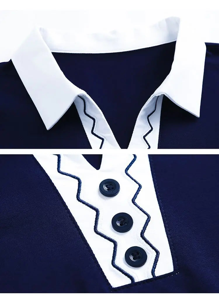 2025 Autumn New Women Clothes Office Lady Simplicity Patchwork Polo-Neck Top Tee Ladies Fashion Loose Buttons Long Sleeve Shirts