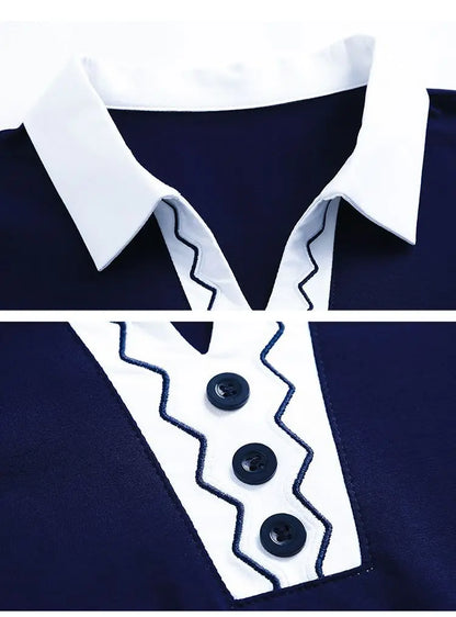 2025 Autumn New Women Clothes Office Lady Simplicity Patchwork Polo-Neck Top Tee Ladies Fashion Loose Buttons Long Sleeve Shirts