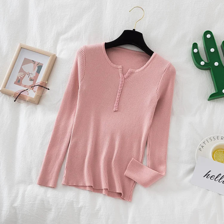 2026 weibliche Casual Tops Pullover Frauen Herbst Winter Gestrickte Dünne Pullover Feste Taste Volle Hülse V-ausschnitt Pullover.