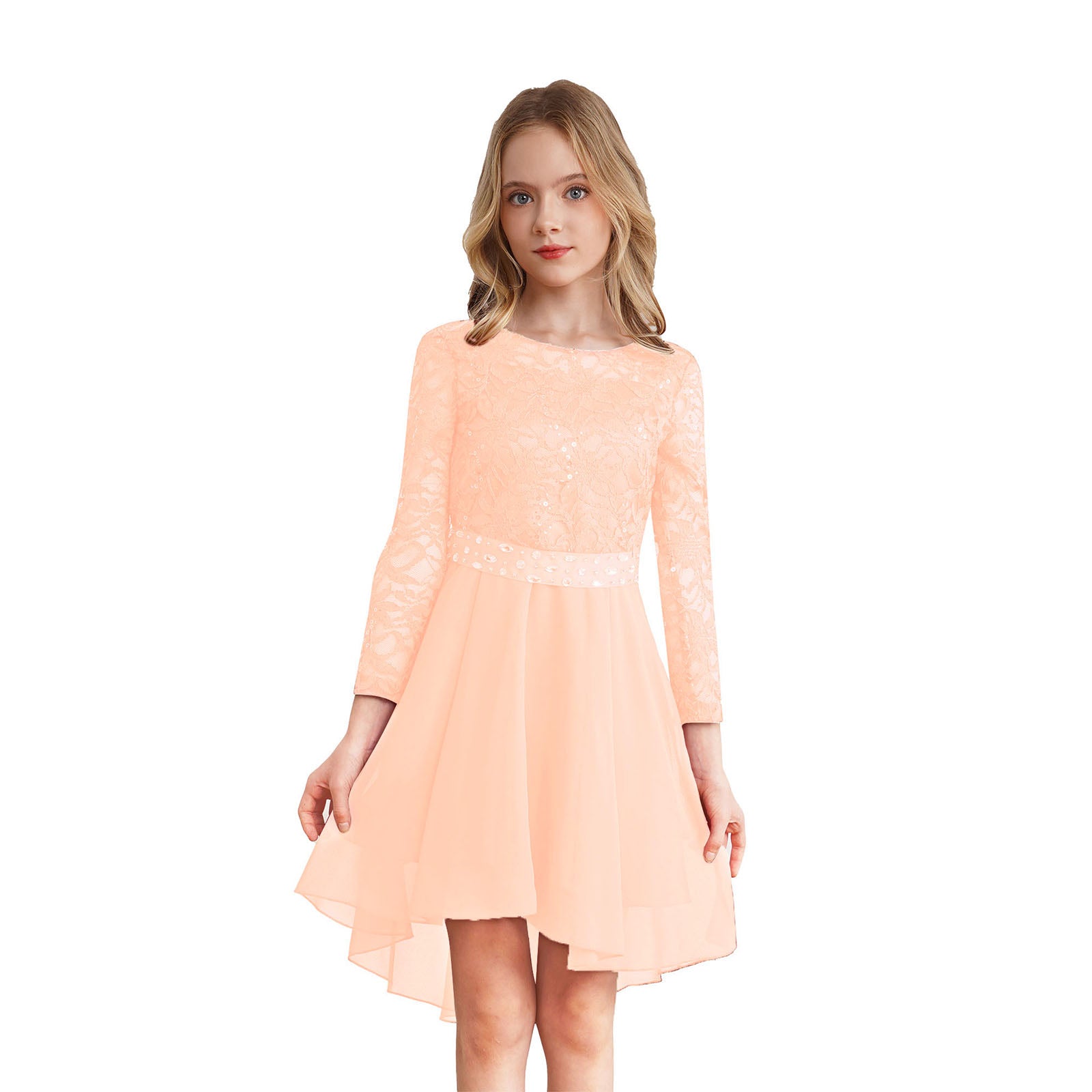 Elegantes Spitzen-Partykleid für Kinder, Mädchen, Chiffon, Spleißen, langärmelig, Kleid mit hohem und niedrigem Saum und Strass-Schärpe für Hochzeit, Geburtstag.