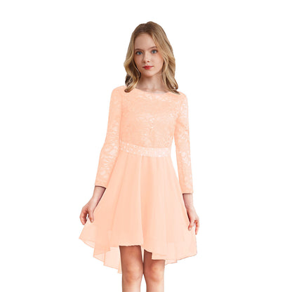 Elegantes Spitzen-Partykleid für Kinder, Mädchen, Chiffon, Spleißen, langärmelig, Kleid mit hohem und niedrigem Saum und Strass-Schärpe für Hochzeit, Geburtstag.