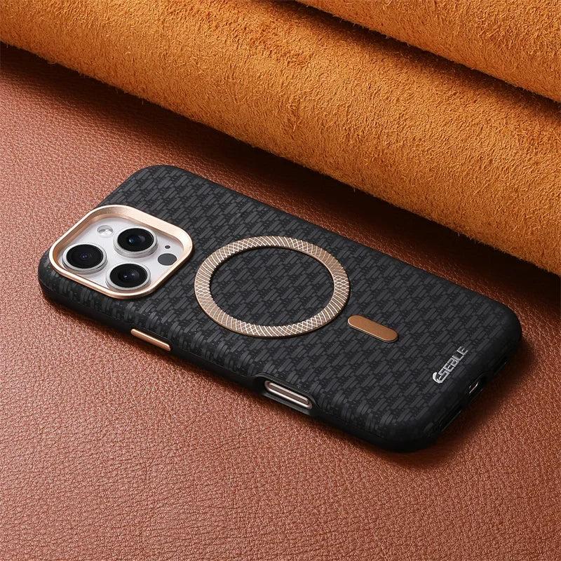 Luxury Leather Carbon Fiber Texture Phone Case For iPhone 13 14 15 16 17 Pro Max For Magsafe Wireless Charging Shockproof Cover.