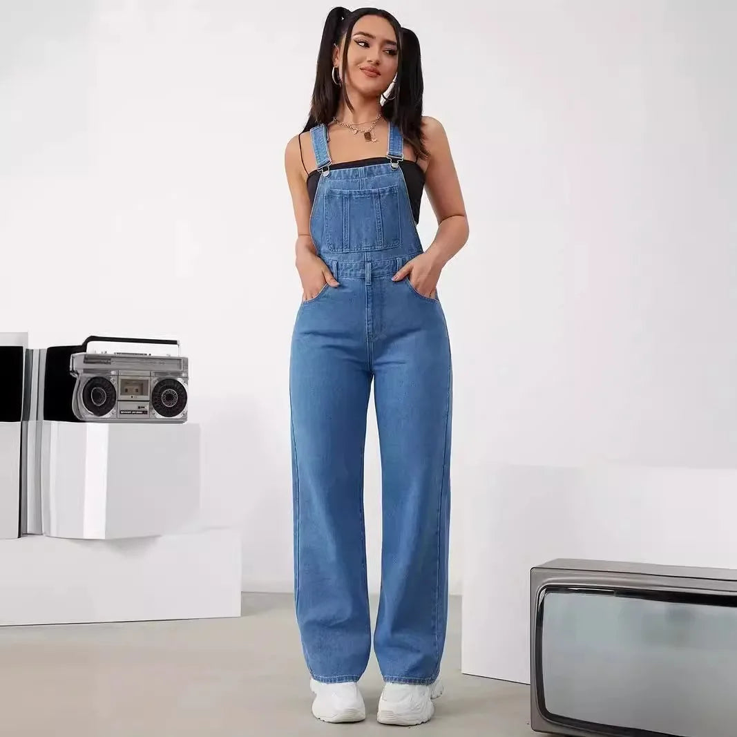 Hot Sale Womens Denim Bib Jumpsuits Casual Sleeveless Adjustable Straps Loose Baggy Cargo Jean Overalls Y2K Jumpers With Pockets.