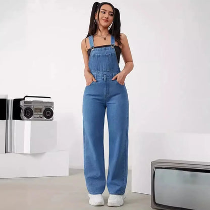 Hot Sale Womens Denim Bib Jumpsuits Casual Sleeveless Adjustable Straps Loose Baggy Cargo Jean Overalls Y2K Jumpers With Pockets.