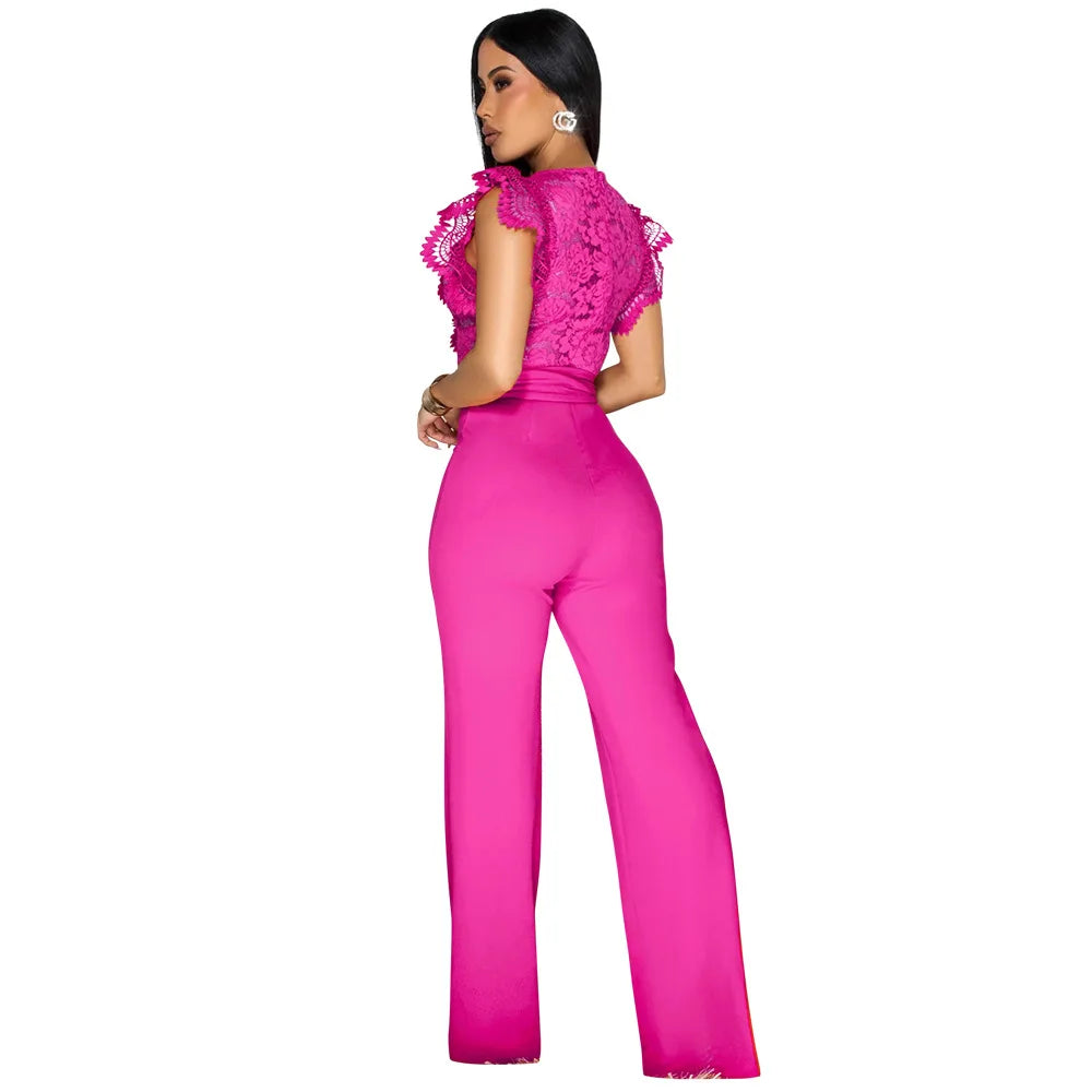 Summer Fashion Lace High Waisted Jumpsuit Women Elegant OL Lace Sleeveless Waistband Straight Jumpsuit Women