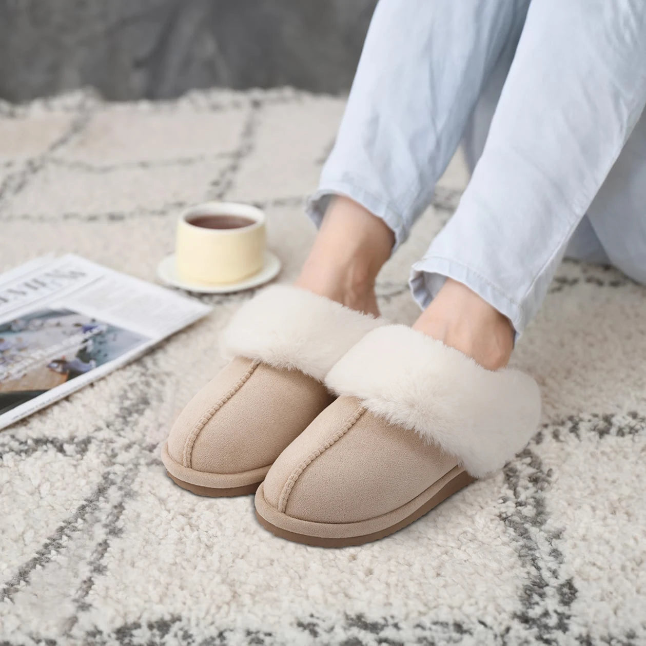 Evshine Winter Warm Memory Foam Slippers For Women Indoor Plush Home Shoes Fluffy Faux Fur Slippers Cozy Suede Furry Flat Slides.