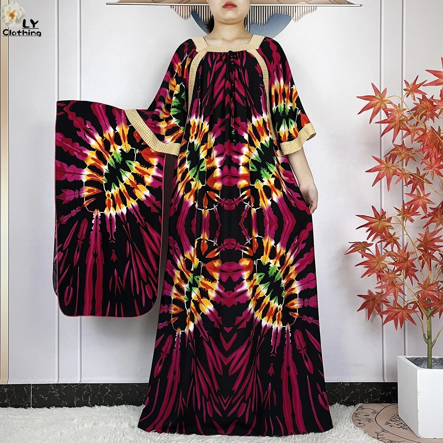 New Muslim Dress Woman Short Sleeve Dashiki African Abaya Tie-dyed Printing Cotton Loose Femme Robe Islamic Dresses With Scarf