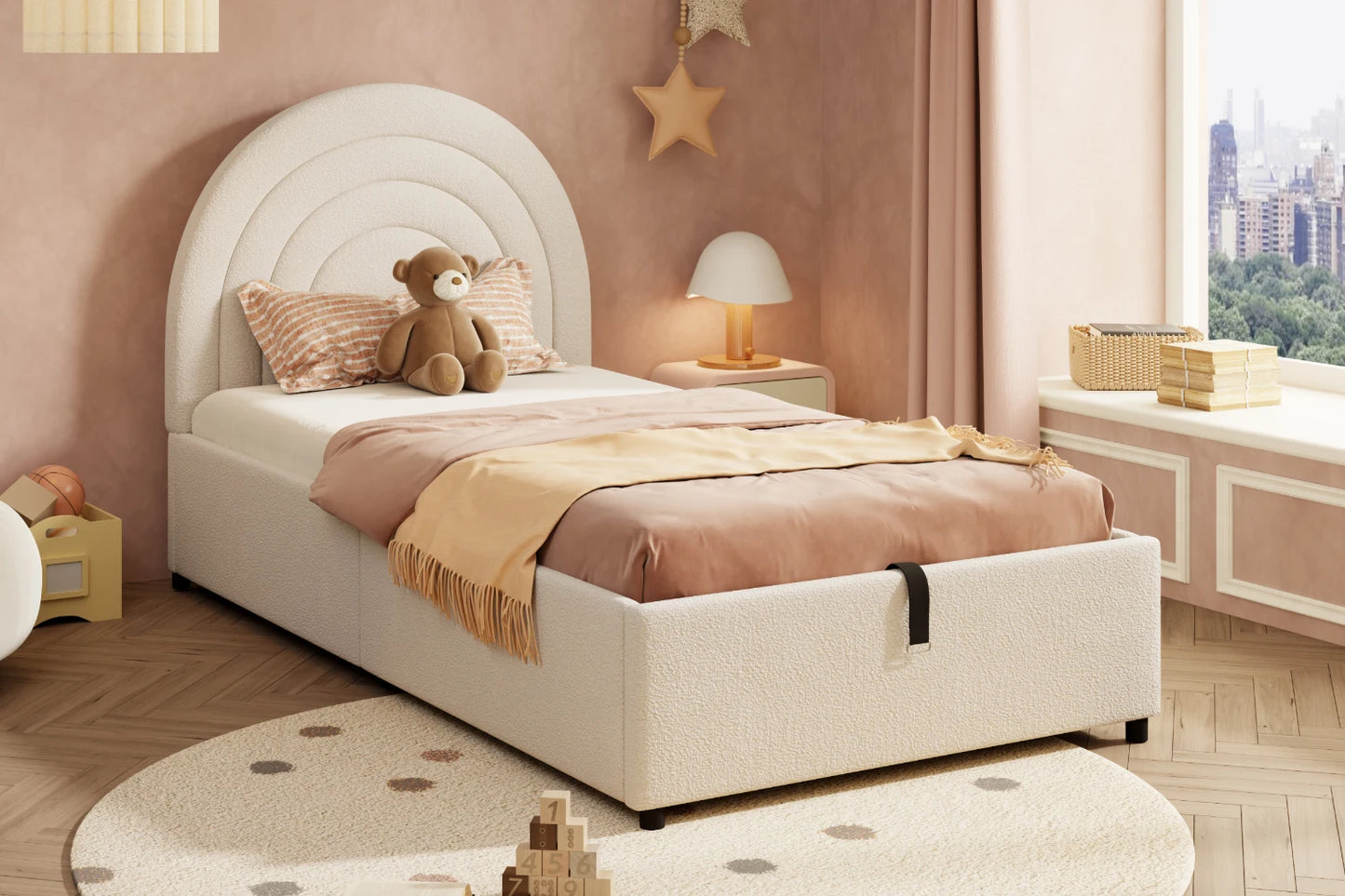 Polsterbett 90*200, Kinderbett, Einzelbett mit Lattenrost und Kopfteil, für Erwachsene und Jugendliche, Holzlatten, Baumwolle