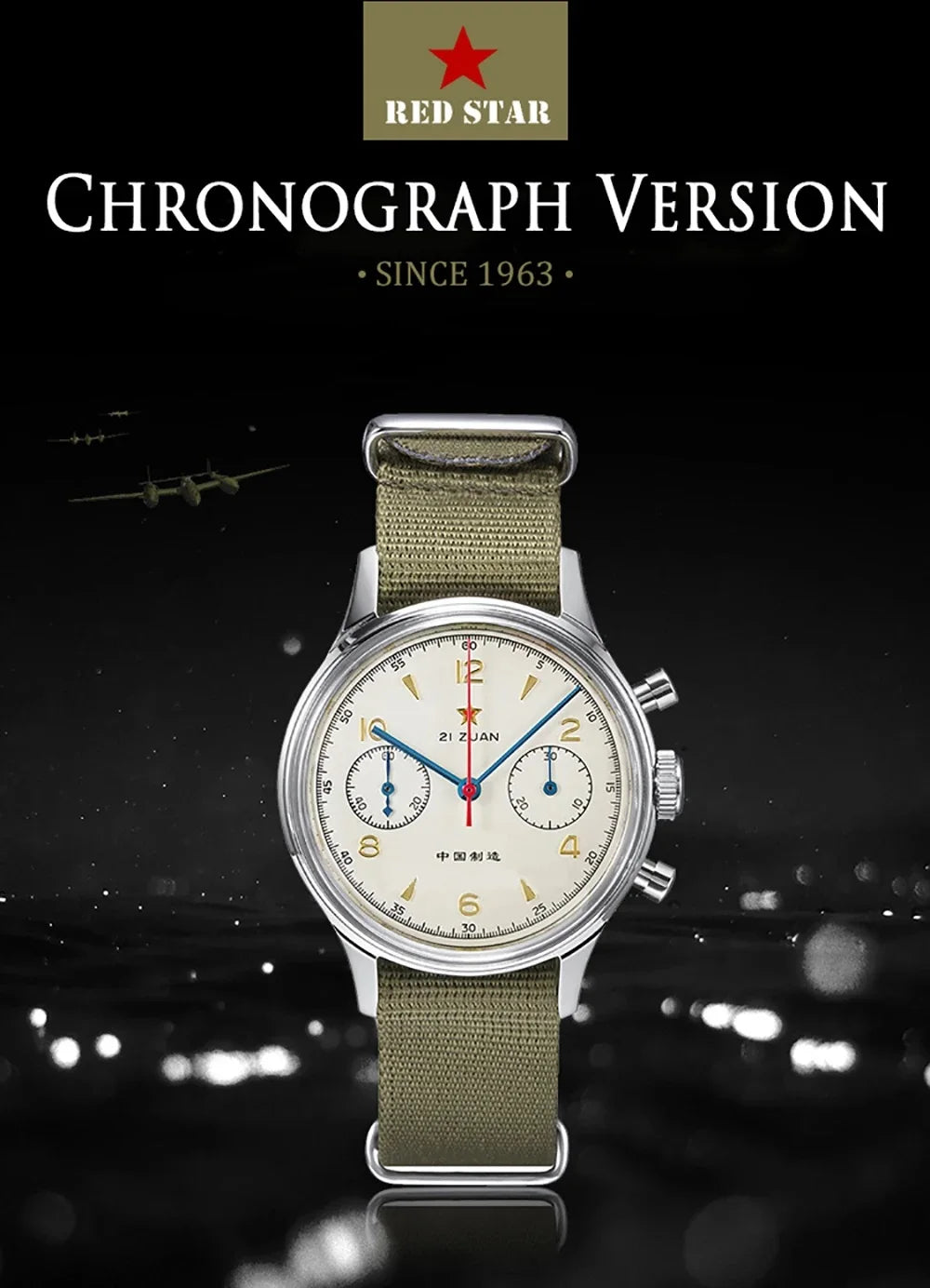 RED STAR 38mm Men's 1963 Chronograph Mechanical Watch Pilot with Seagull Movement ST1901 Air Force Aviation Sapphire Goose 40mm.